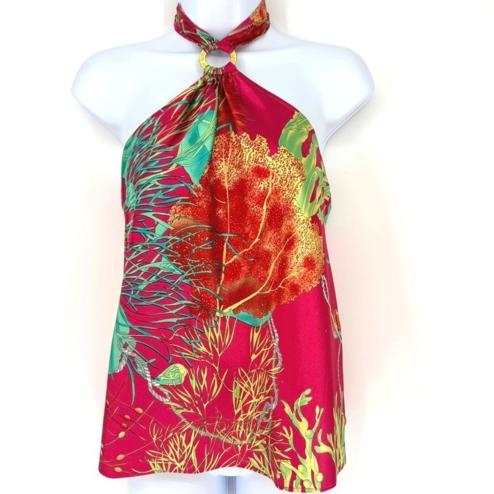 Luxury 100%‎ Silk Halter Top Pink Coral Reef Print Size 8 Tropical Dopamine